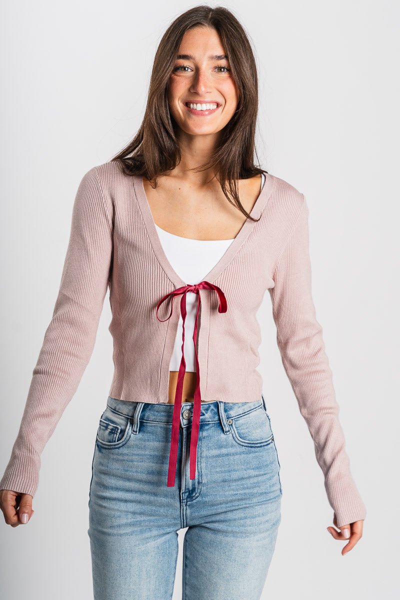 Ribbed tie cardigan blush - Affordable Cardigan - Boutique Cardigans & Trendy Kimonos at Lush Fashion Lounge Boutique in Oklahoma City