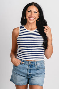 Striped ribbed tank top white/navy - Cute Tank Top - Trendy Tank Tops at Lush Fashion Lounge Boutique in Oklahoma City