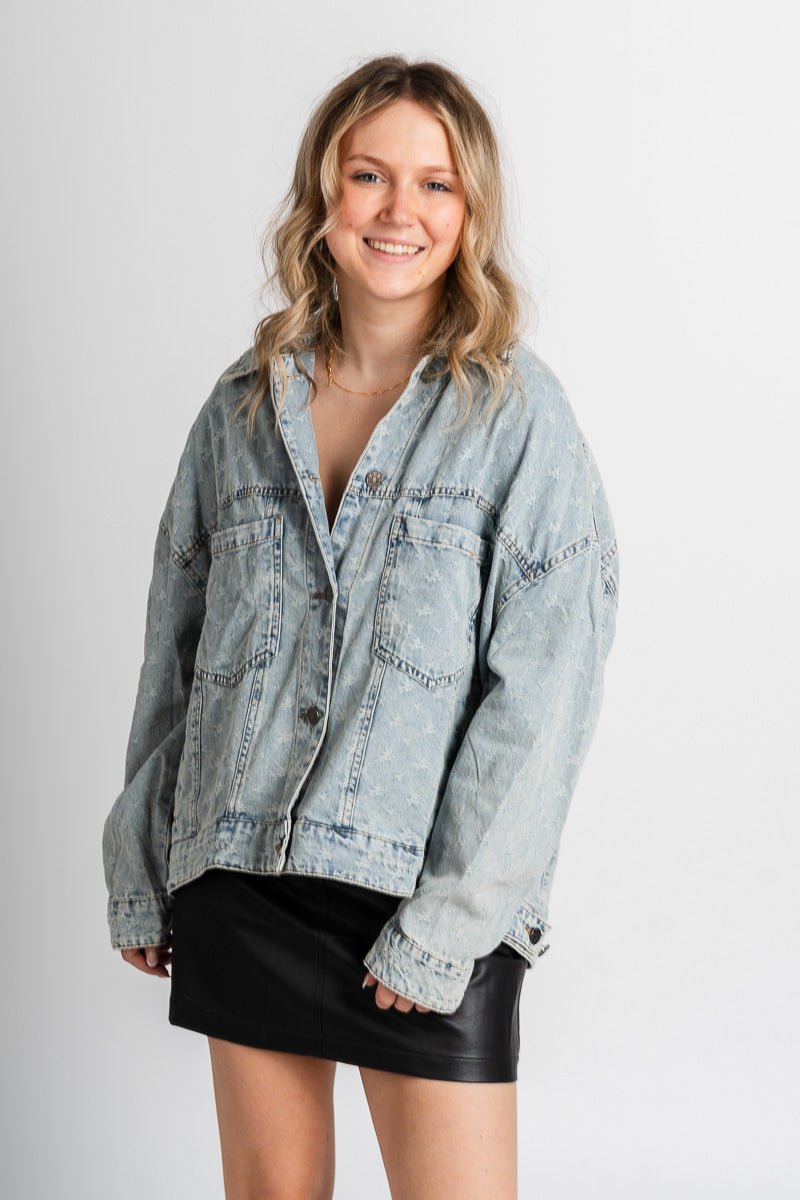 Distressed denim jacket light blue – Trendy Jackets | Cute Fashion Blazers at Lush Fashion Lounge Boutique in Oklahoma City