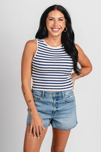 Striped ribbed tank top white/navy - Affordable Tank Top - Boutique Tank Tops at Lush Fashion Lounge Boutique in Oklahoma City
