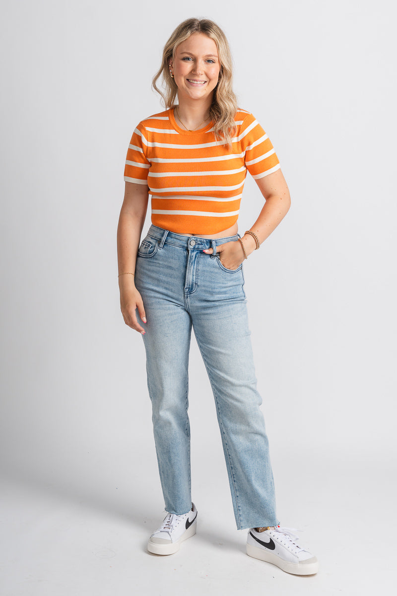 Striped crop top orange/white - Trendy Sweaters | Cute Pullover Sweaters at Lush Fashion Lounge Boutique in Oklahoma City