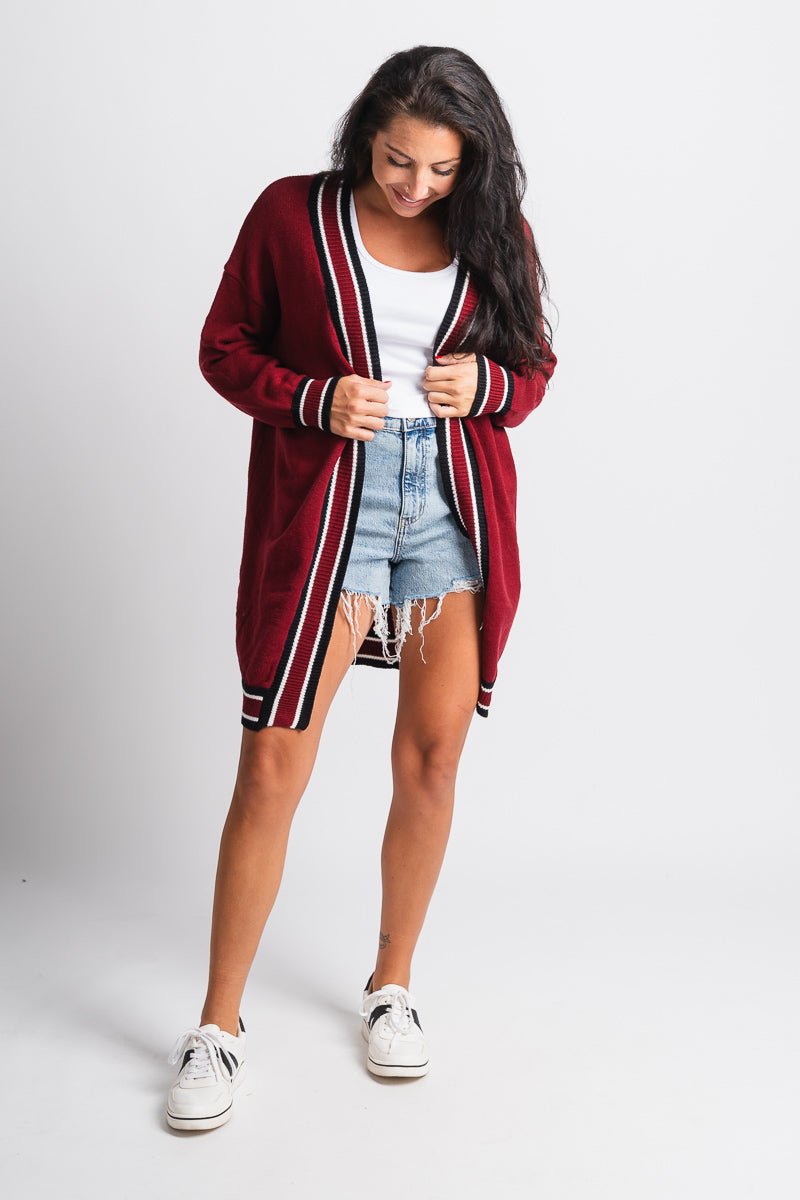 Game day varsity cardigan garnet - Trendy Cardigan - Fashion Cardigans & Cute Kimonos at Lush Fashion Lounge Boutique in Oklahoma City