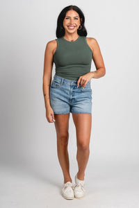 Round neck bodysuit dark sage - Trendy bodysuit - Fashion Bodysuits at Lush Fashion Lounge Boutique in Oklahoma City