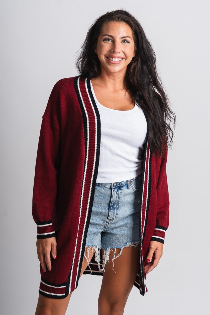 Game day varsity cardigan garnet - Cute Cardigan - Trendy Cardigans & Stylish Kimonos at Lush Fashion Lounge Boutique in Oklahoma City