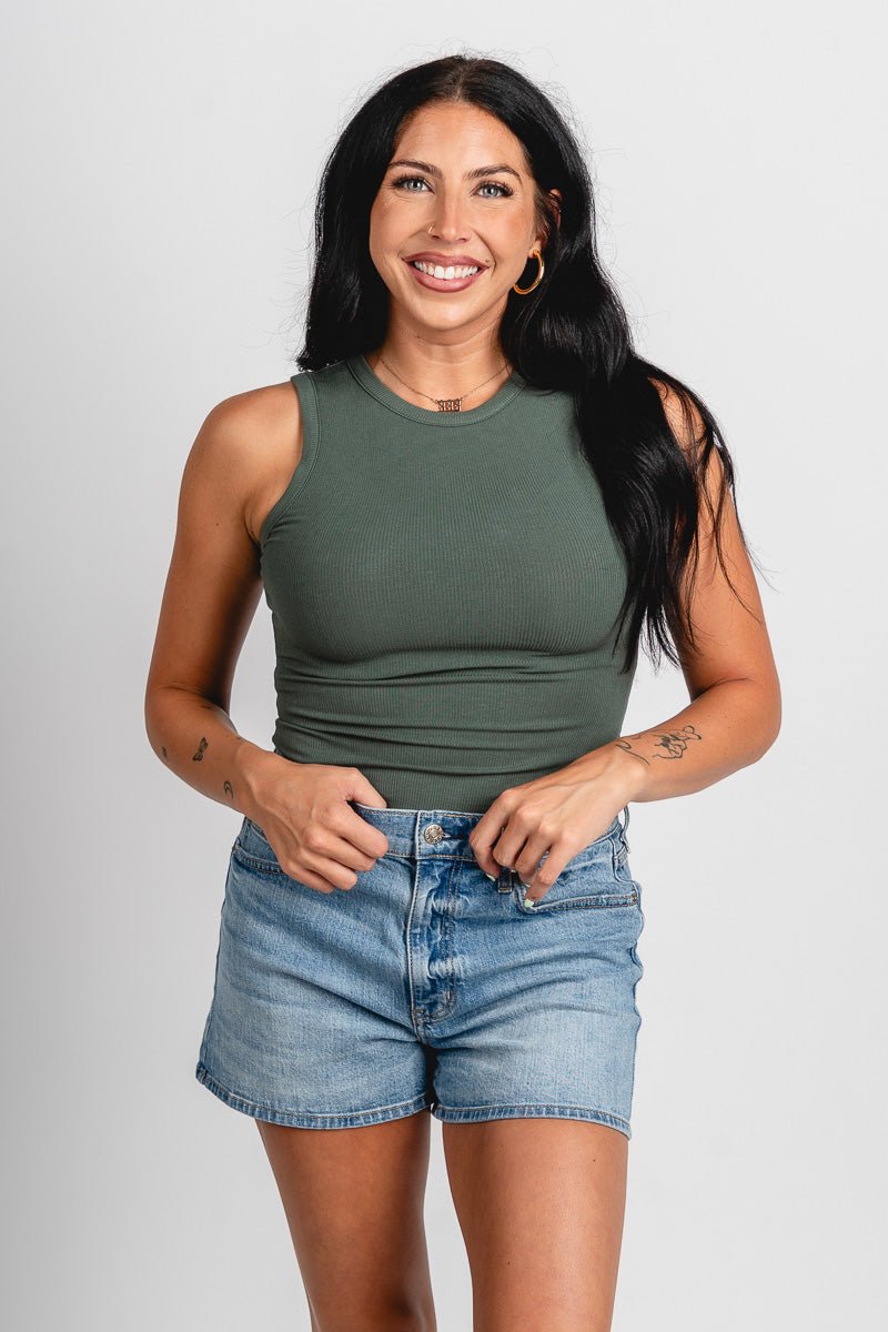 Round neck bodysuit dark sage - Affordable bodysuit - Boutique Bodysuits at Lush Fashion Lounge Boutique in Oklahoma City