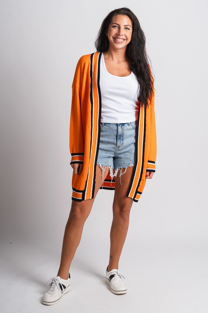 Game day varsity cardigan orange - Trendy Cardigan - Fashion Cardigans & Cute Kimonos at Lush Fashion Lounge Boutique in Oklahoma City