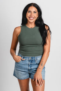 Round neck bodysuit dark sage - Cute bodysuit - Trendy Bodysuits at Lush Fashion Lounge Boutique in Oklahoma City