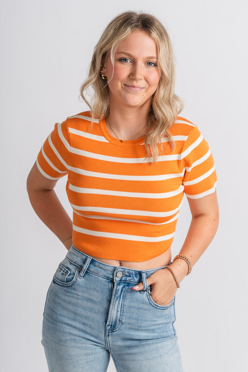 Striped crop top orange/white – Boutique Sweaters | Fashionable Sweaters at Lush Fashion Lounge Boutique in Oklahoma City