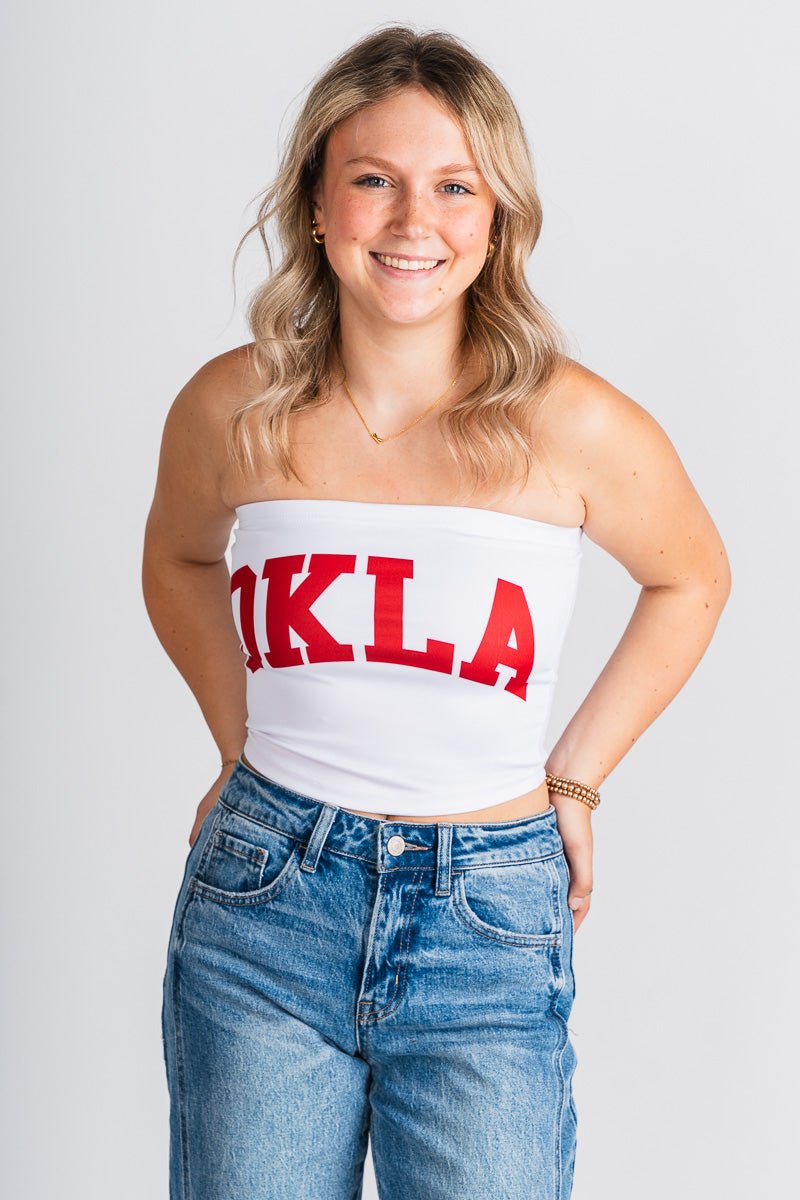 OU OKLA tube top white Top White | Lush Fashion Lounge Trendy Oklahoma University Sooners Apparel & Cute Gameday T-Shirts