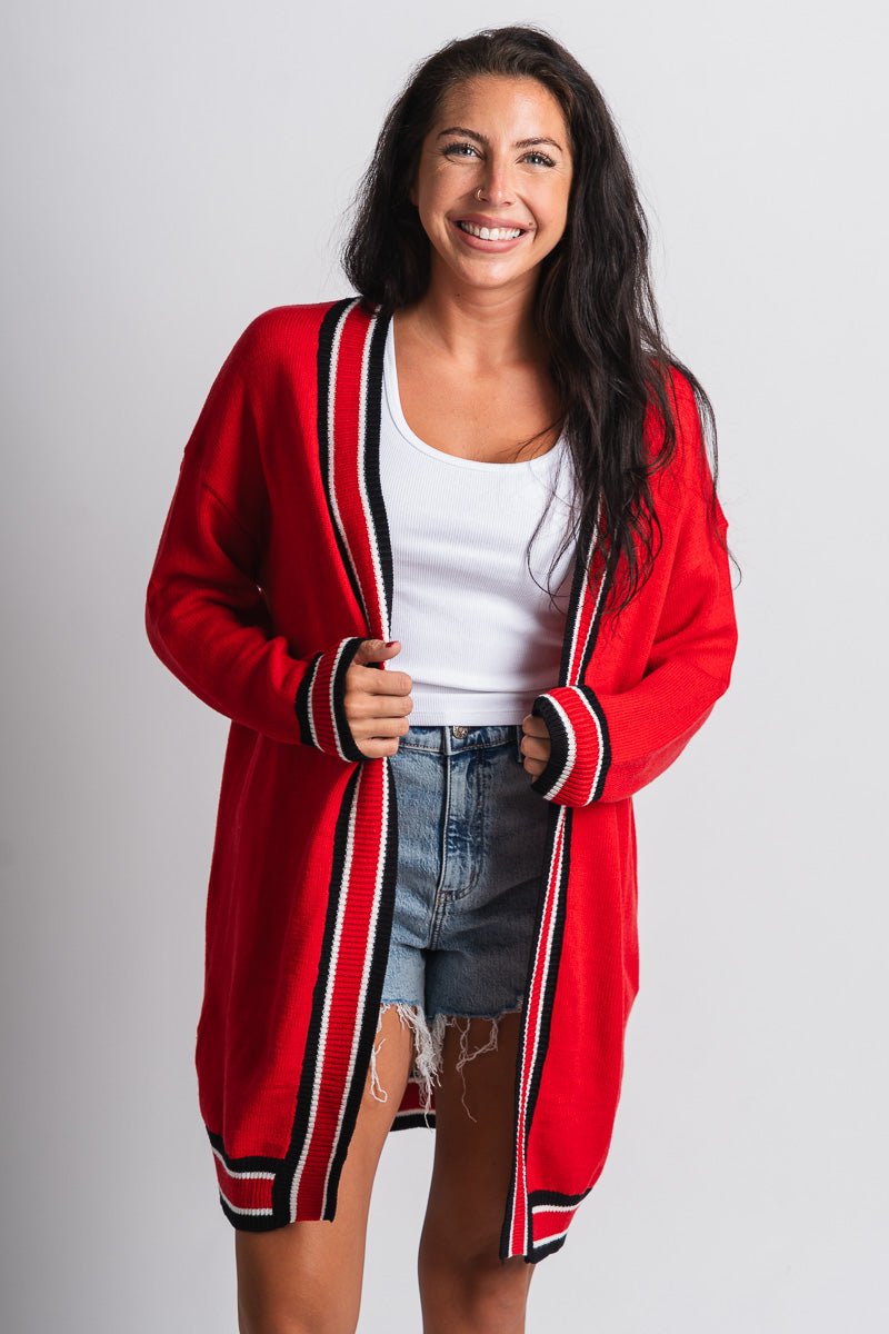 Game day varsity cardigan red - Affordable Cardigan - Boutique Cardigans & Trendy Kimonos at Lush Fashion Lounge Boutique in Oklahoma City