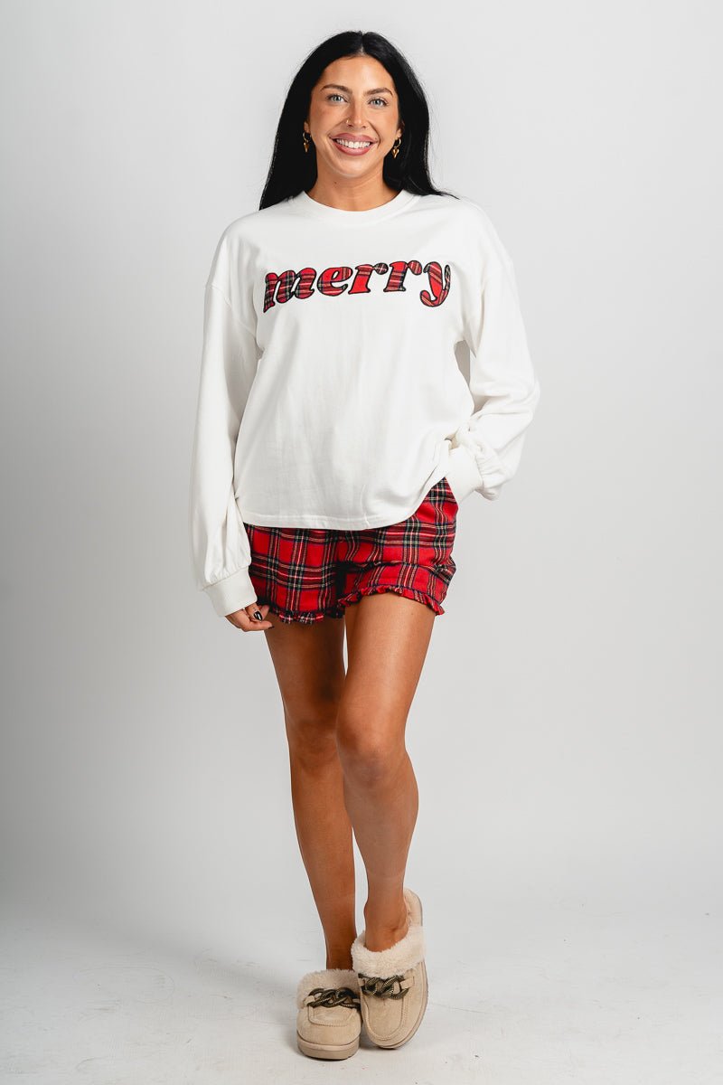 Merry plaid sweatshirt white - Stylish Sweatshirt - Trendy Lounge Sets at Lush Fashion Lounge Boutique in Oklahoma City