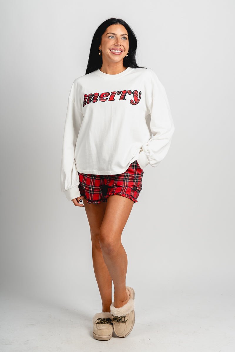 Merry plaid sweatshirt white - Fun Sweatshirt - Unique Lounge Looks at Lush Fashion Lounge Boutique in Oklahoma