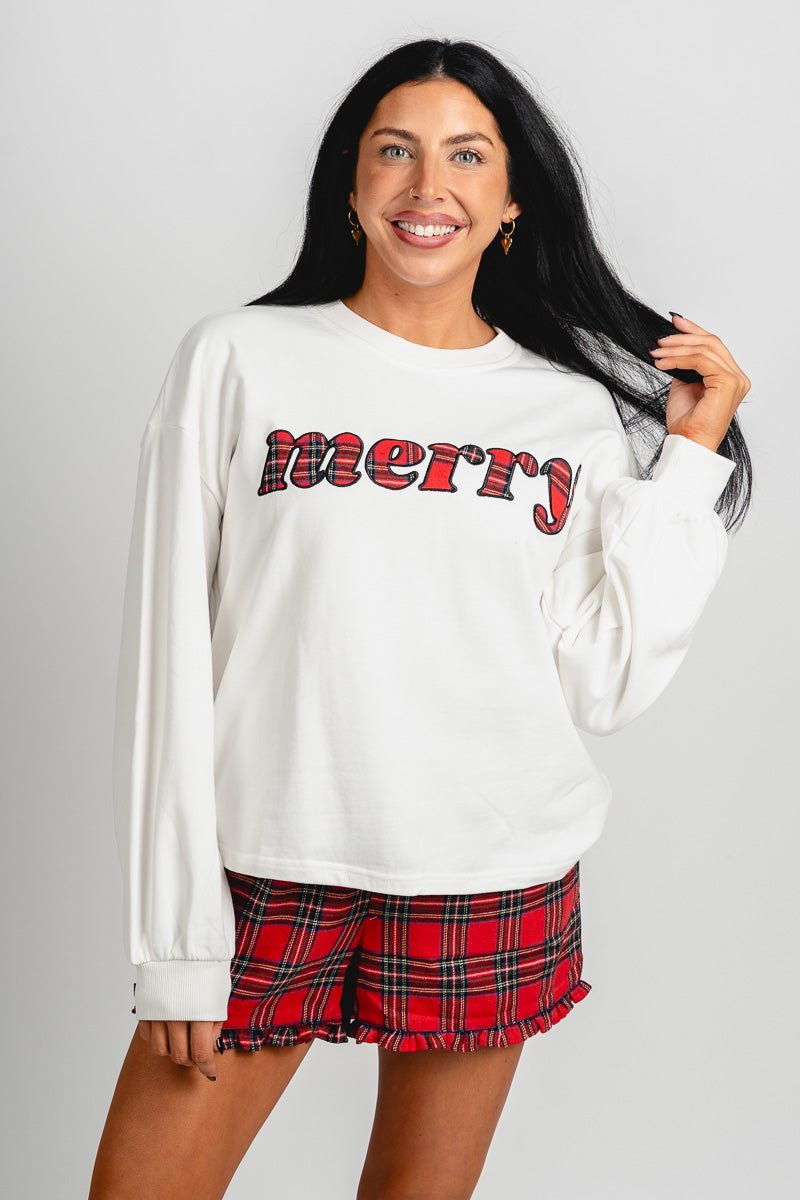 Merry plaid sweatshirt white - Cute Sweatshirt - Fun Cozy Basics at Lush Fashion Lounge Boutique in Oklahoma City