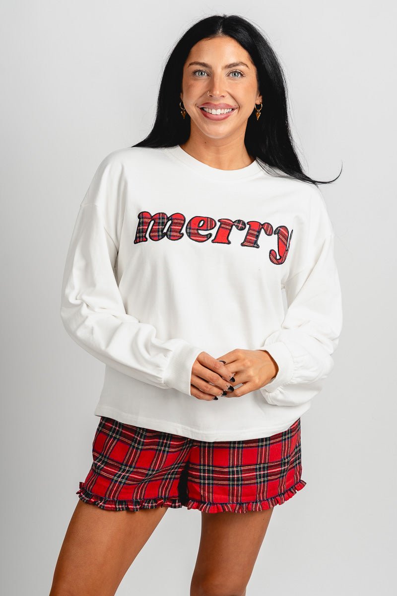 Merry plaid sweatshirt white - Trendy Sweatshirt - Cute Loungewear Collection at Lush Fashion Lounge Boutique in Oklahoma City