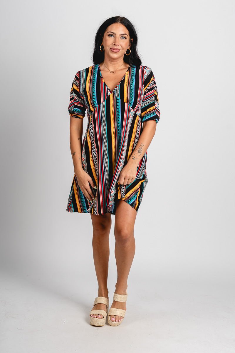 Multi stripe v-neck dress black/multi - Stylish dress - Trendy Staycation Outfits at Lush Fashion Lounge Boutique in Oklahoma City