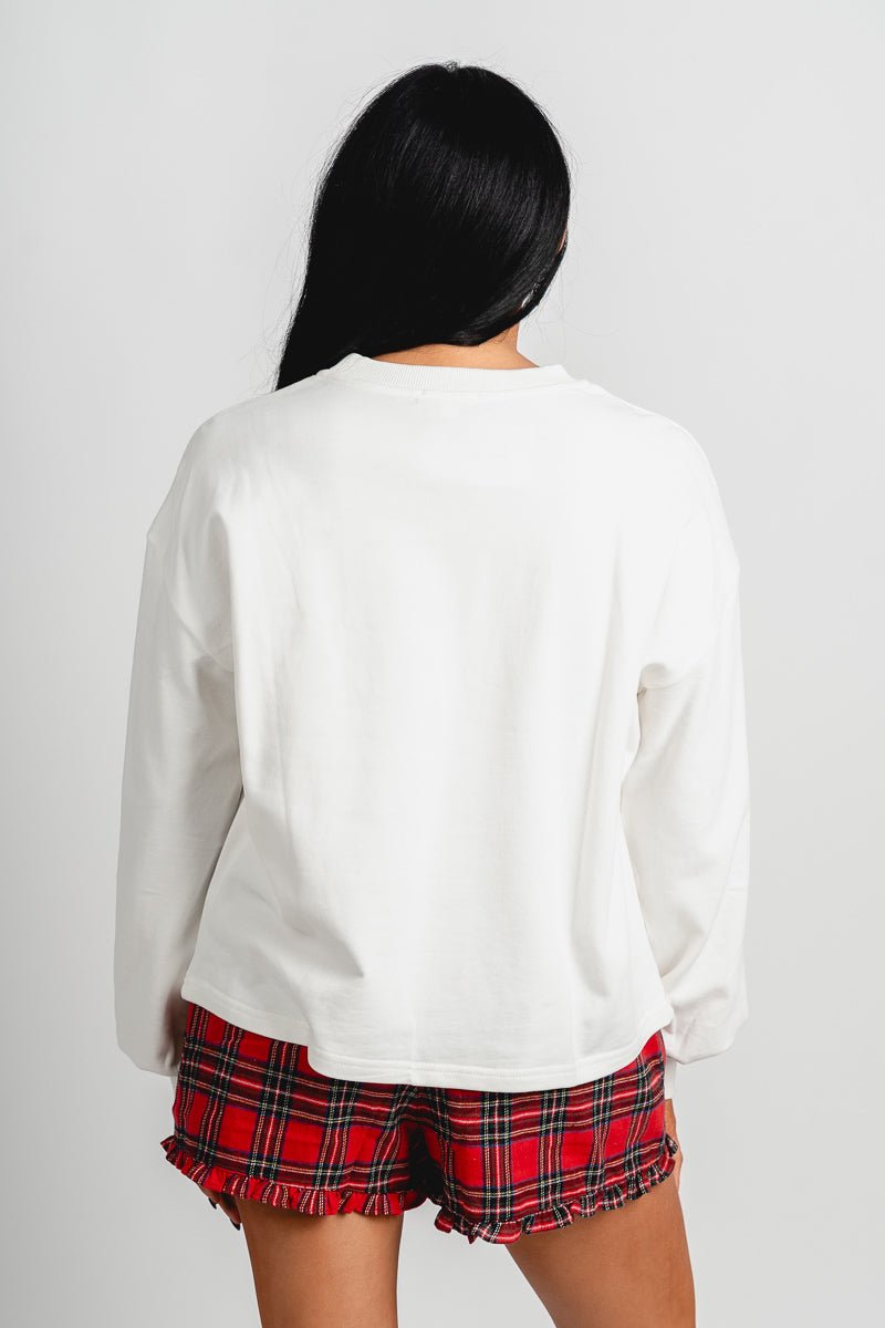 Merry plaid sweatshirt white - Adorable Sweatshirt - Stylish Comfortable Outfits at Lush Fashion Lounge Boutique in OKC