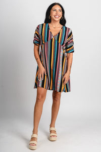 Multi stripe v-neck dress black/multi - Fun dress - Unique Getaway Gear at Lush Fashion Lounge Boutique in Oklahoma