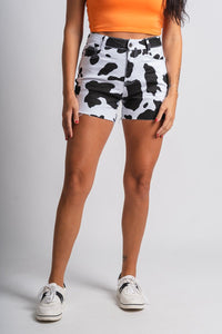 Cow print shorts black/white Stylish Shorts - Womens Fashion Shorts at Lush Fashion Lounge Boutique in Oklahoma City