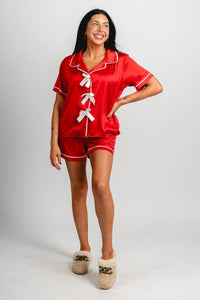 Satin bow detail pajama top red - Fun Top - Unique Lounge Looks at Lush Fashion Lounge Boutique in Oklahoma