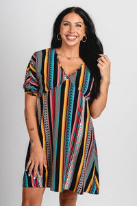 Multi stripe v-neck dress black/multi - Trendy dress - Cute Vacation Collection at Lush Fashion Lounge Boutique in Oklahoma City