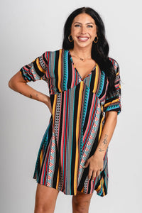 Multi stripe v-neck dress black/multi - Affordable dress - Boutique Dresses at Lush Fashion Lounge Boutique in Oklahoma City