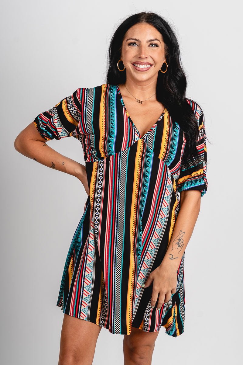 Multi stripe v-neck dress black/multi - Affordable dress - Boutique Dresses at Lush Fashion Lounge Boutique in Oklahoma City