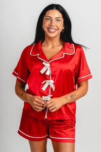 Satin bow detail pajama top red - Cute Top - Fun Cozy Basics at Lush Fashion Lounge Boutique in Oklahoma City