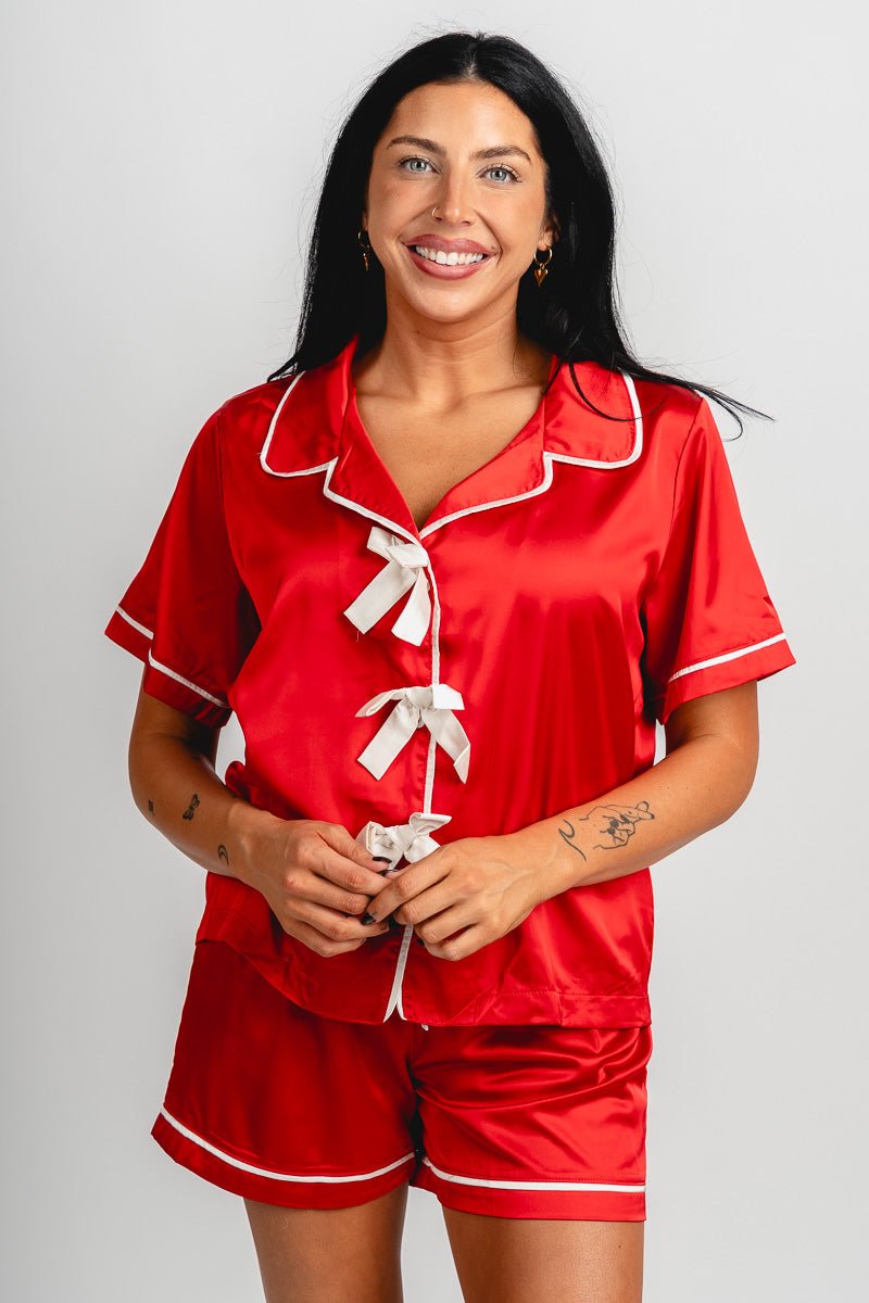 Satin bow detail pajama top red - Cute Top - Fun Cozy Basics at Lush Fashion Lounge Boutique in Oklahoma City