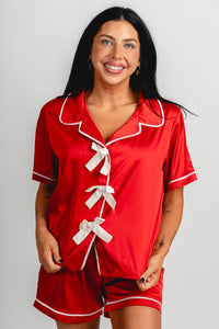 Satin bow detail pajama top red - Trendy Top - Cute Loungewear Collection at Lush Fashion Lounge Boutique in Oklahoma City