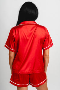 Satin bow detail pajama top red - Adorable Top - Stylish Comfortable Outfits at Lush Fashion Lounge Boutique in OKC