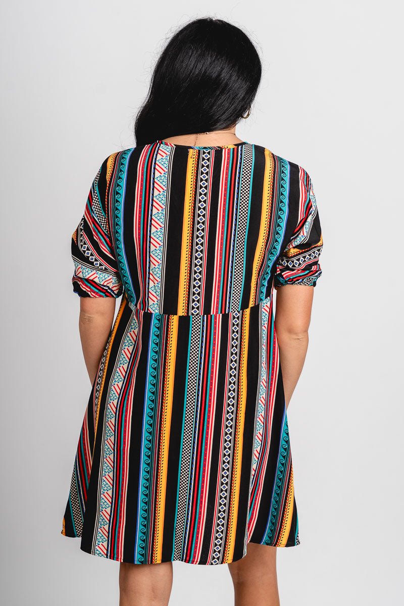 Multi stripe v-neck dress black/multi - Adorable dress - Stylish Vacation T-Shirts at Lush Fashion Lounge Boutique in Oklahoma City