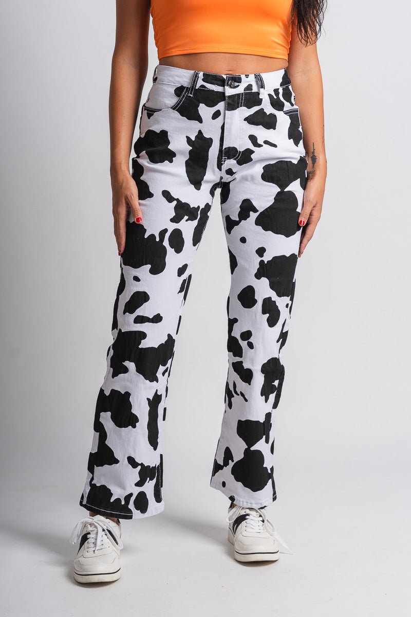 Cow print jeans black/white | Lush Fashion Lounge: boutique women's jeans, fashion jeans for women, affordable fashion jeans, cute boutique jeans