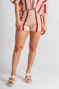 Crochet shorts cream/red - Affordable Shorts - Boutique Shorts at Lush Fashion Lounge Boutique in Oklahoma City