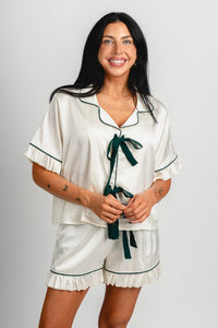 Satin bow detail pajama top ivory - Cute Top - Fun Cozy Basics at Lush Fashion Lounge Boutique in Oklahoma City