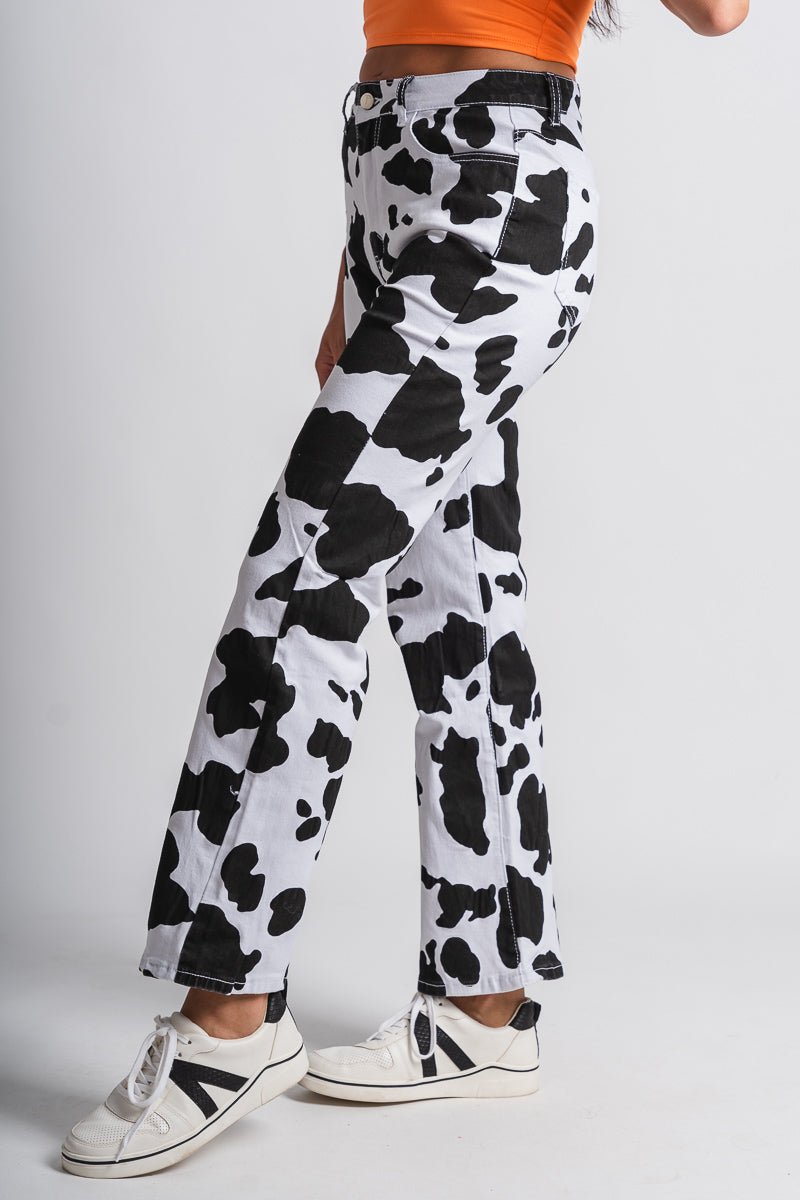 Cow print jeans black/white | Lush Fashion Lounge: boutique women's jeans, fashion jeans for women, affordable fashion jeans, cute boutique jeans