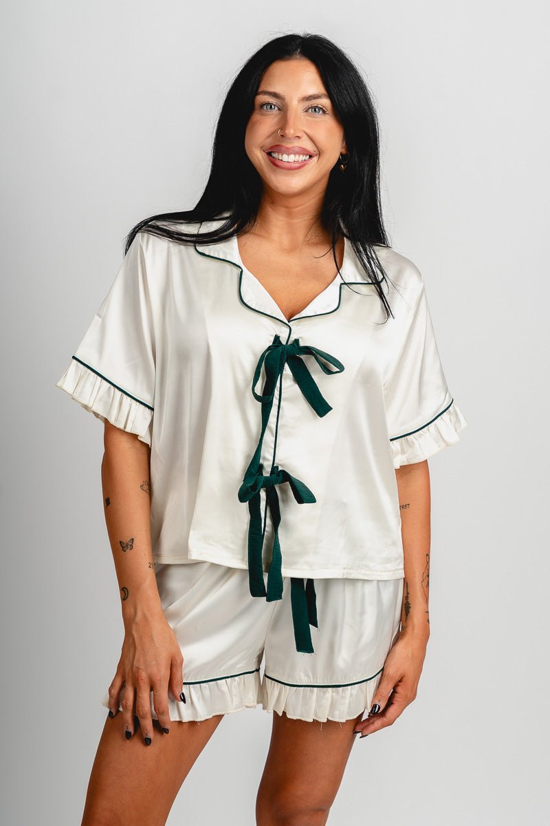 Satin bow detail pajama top ivory - Trendy Top - Cute Loungewear Collection at Lush Fashion Lounge Boutique in Oklahoma City