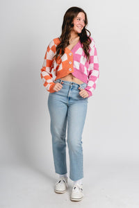 Checkered cardigan orange/pink – Unique Sweaters | Lounging Sweaters and Womens Fashion Sweaters at Lush Fashion Lounge Boutique in Oklahoma City