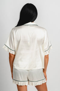 Satin bow detail pajama top ivory - Adorable Top - Stylish Comfortable Outfits at Lush Fashion Lounge Boutique in OKC