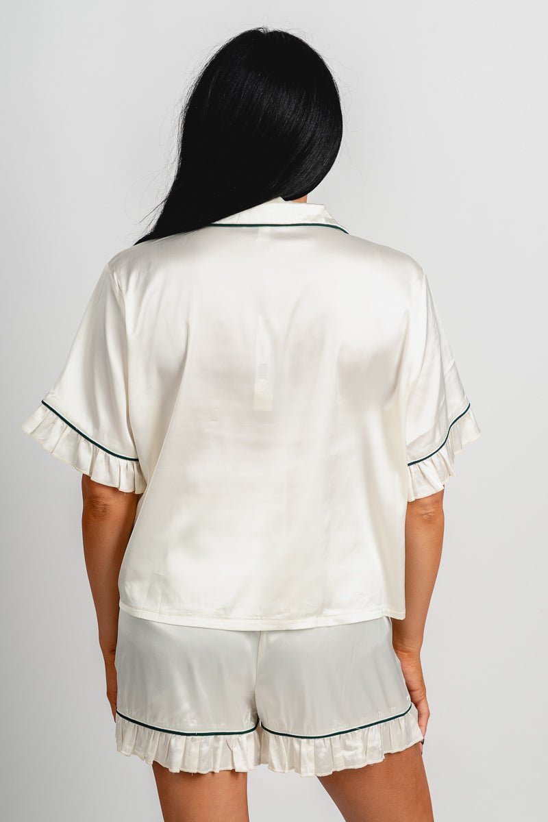 Satin bow detail pajama top ivory - Adorable Top - Stylish Comfortable Outfits at Lush Fashion Lounge Boutique in OKC