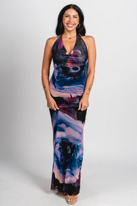 Watercolor cowl neck maxi dress purple multi - Trendy dress - Fashion Dresses at Lush Fashion Lounge Boutique in Oklahoma City