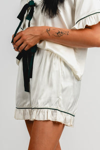 Satin ruffle trim drawstring shorts ivory - Trendy shorts - Cute Loungewear Collection at Lush Fashion Lounge Boutique in Oklahoma City