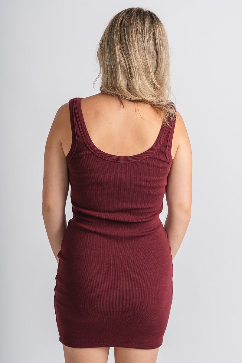 Slit front ribbed tank dress maroon - Affordable Dress - Boutique Dresses at Lush Fashion Lounge Boutique in Oklahoma City