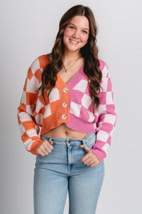 Checkered cardigan orange/pink - Affordable Cardigan - Boutique Cardigans & Trendy Kimonos at Lush Fashion Lounge Boutique in Oklahoma City