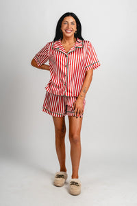 Satin striped pajama top red/white - Fun Top - Unique Lounge Looks at Lush Fashion Lounge Boutique in Oklahoma