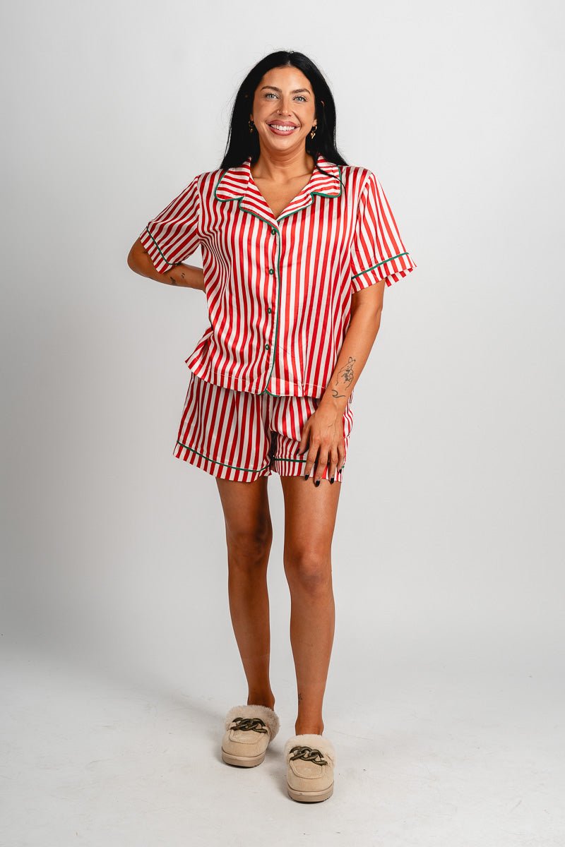 Satin striped pajama top red/white - Fun Top - Unique Lounge Looks at Lush Fashion Lounge Boutique in Oklahoma