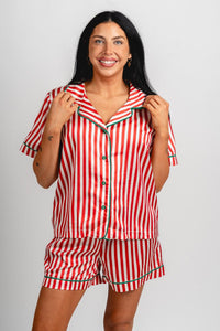 Satin striped pajama top red/white - Cute Top - Fun Cozy Basics at Lush Fashion Lounge Boutique in Oklahoma City