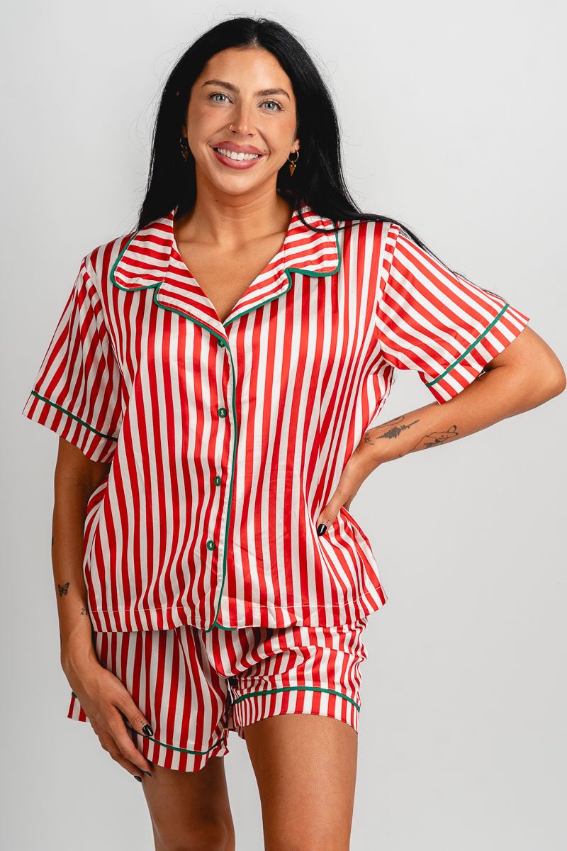 Striped satin drawstring shorts red/white - Stylish shorts - Trendy Lounge Sets at Lush Fashion Lounge Boutique in Oklahoma City