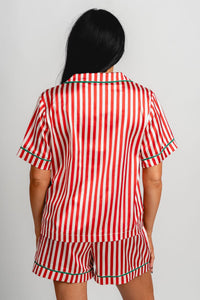 Satin striped pajama top red/white - Adorable Top - Stylish Comfortable Outfits at Lush Fashion Lounge Boutique in OKC
