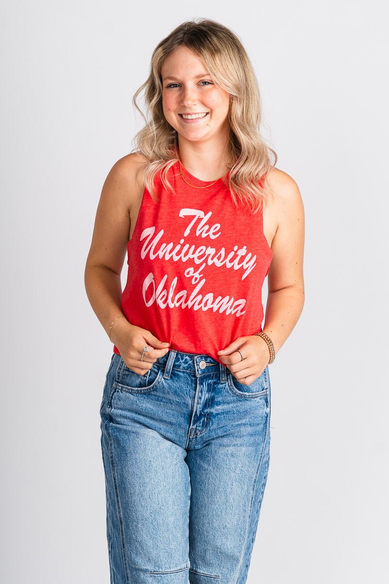 OU OU University of Oklahoma script racerback tank top red tank top | Lush Fashion Lounge Trendy Oklahoma University Sooners Apparel & Cute Gameday T-Shirts