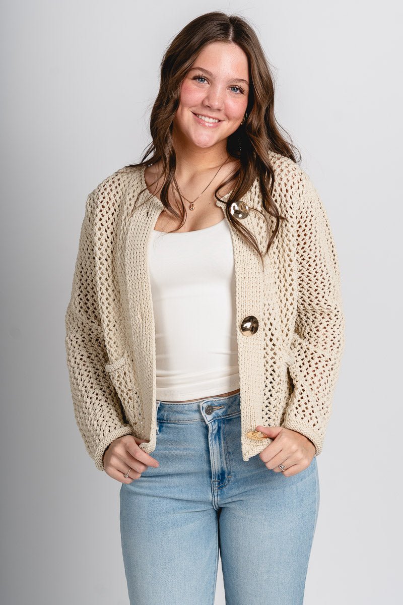 Button crochet cardigan ecru - Cute Cardigan - Fun Vacay Basics at Lush Fashion Lounge Boutique in Oklahoma City